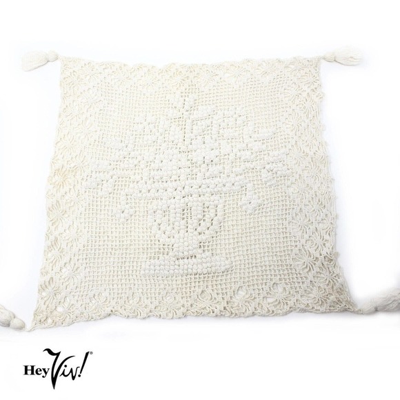 Vintage Cotton Hand Crochet Pillow Case Tassels & MOP Buttons 12x12"  - Hey Viv - Picture 1 of 7